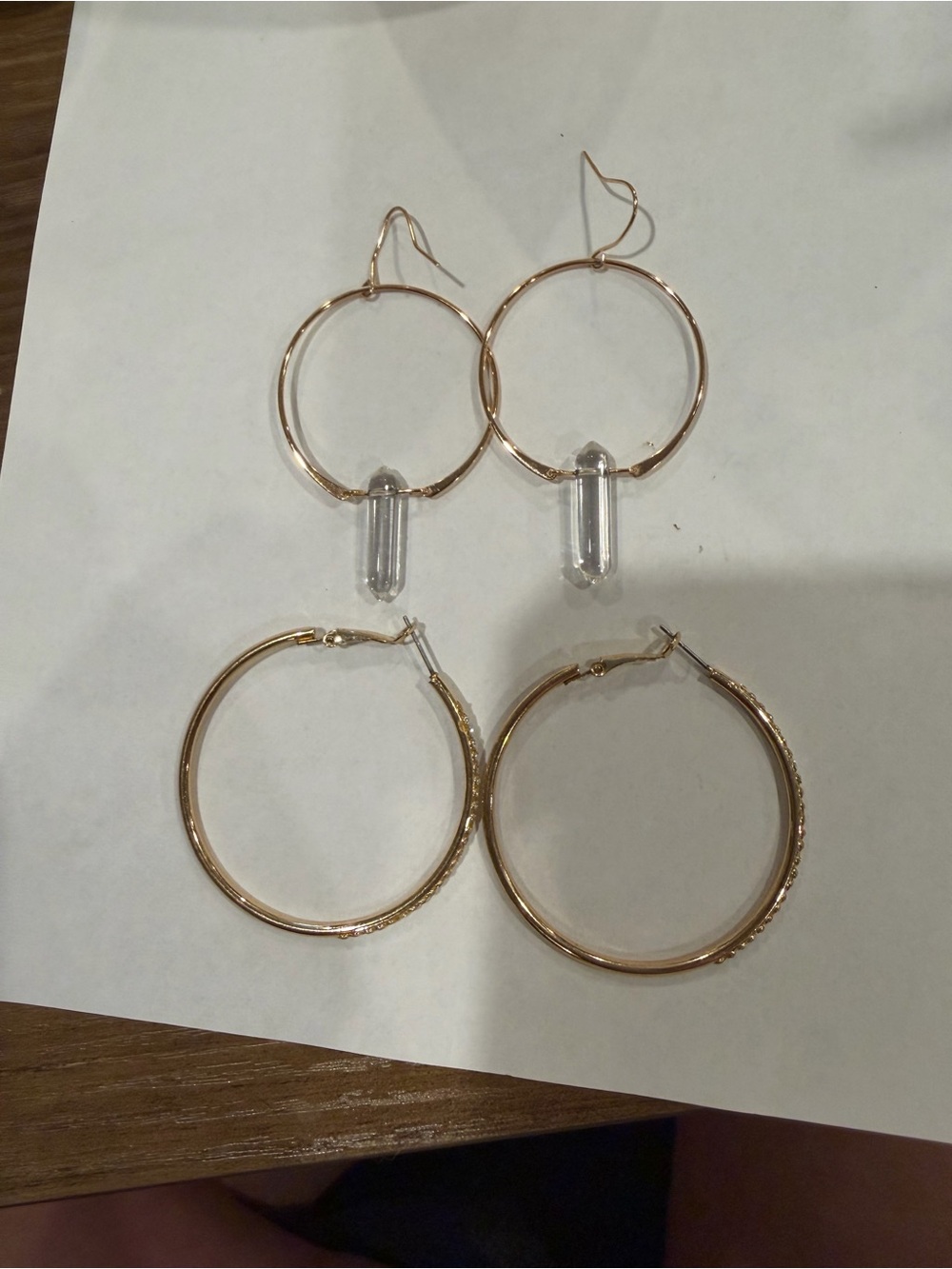 Gold Tone Hoop Earrings Set with Clear Crystal Dangling Accent